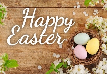 a nest filled with colorful easter eggs with a text overlay that says Happy Easter